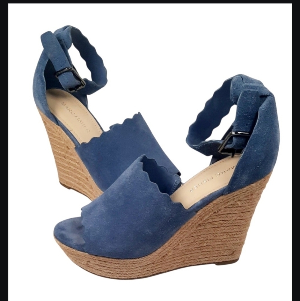 MARC FISHER Haya Scalloped Edge Espadrille Wedge Shoes Leather Blue Size 7M